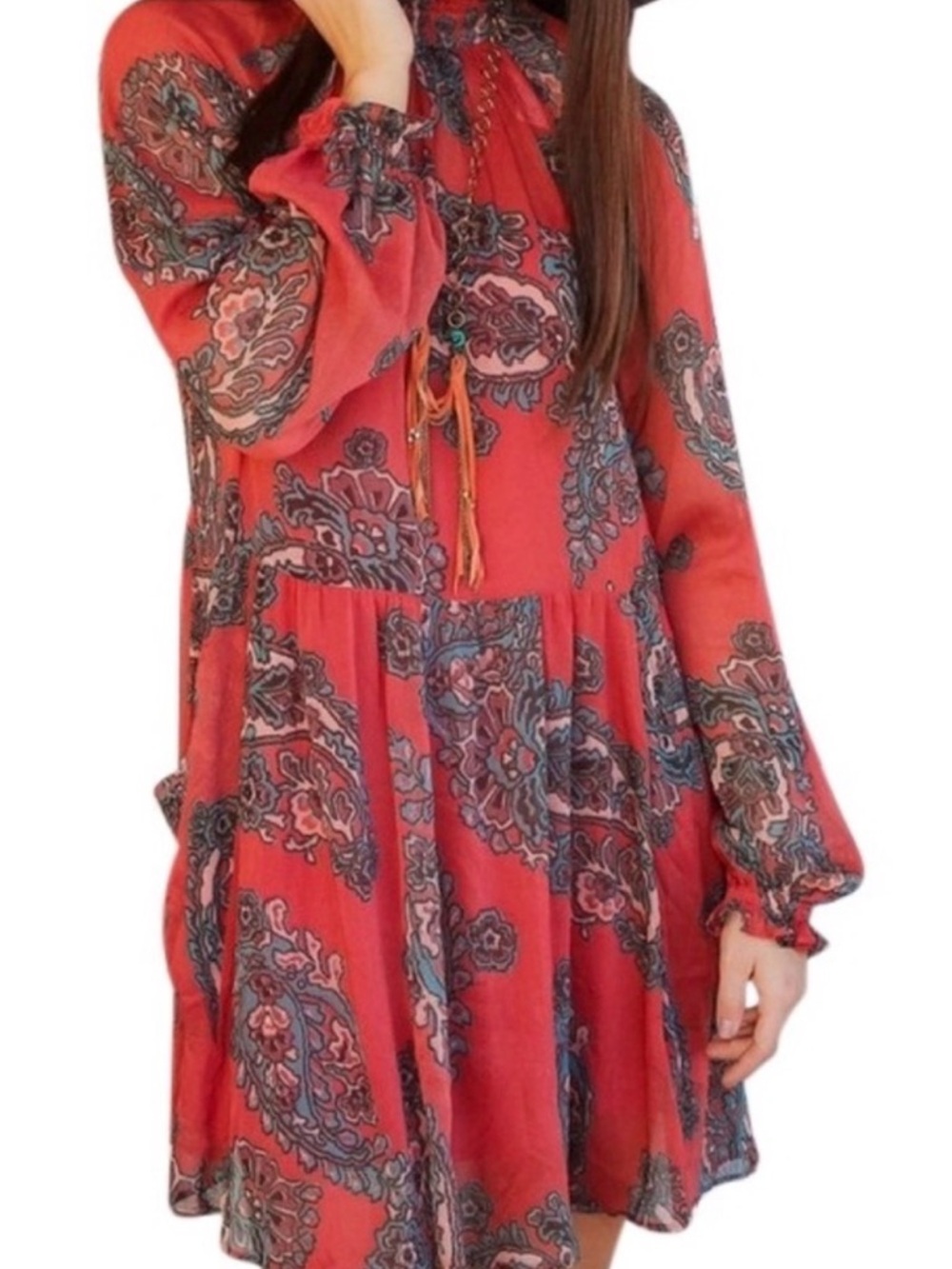 Free People Moonstruck Dress Womens Paisley Print Long Sleeve A-Line Red